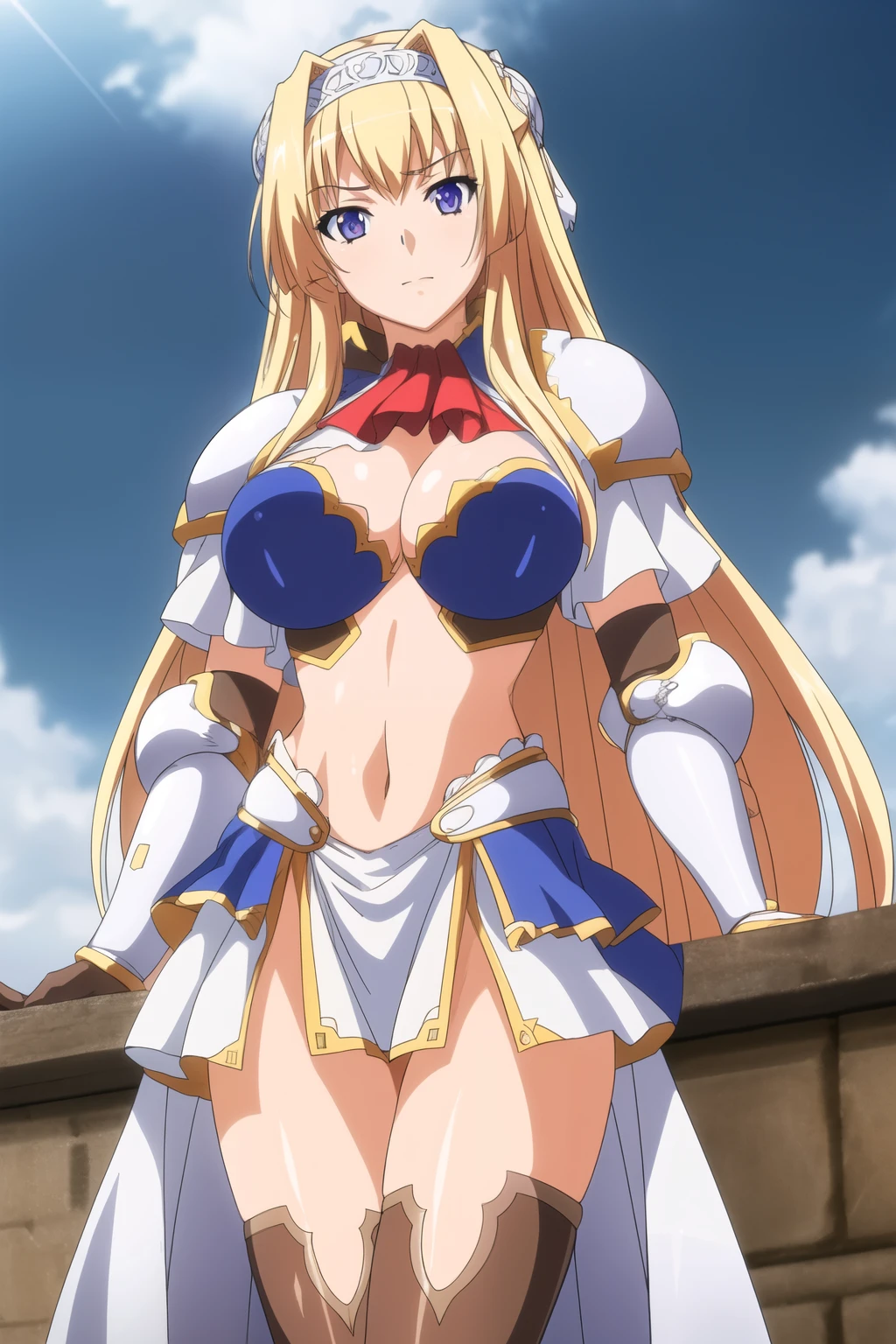 (day), a castle with a clock tower and a gate in front of it with a sky background and clouds in the background,
Standing at attention,
armor, gauntlets, wearing a blue outfit ,a red scarf with a bow around her neck, (Deep_cleavage), boots,greaves,thighhighs,navel,skirt,
blonde_long_hair, blue_eyes,hairband,Bangs,
1 girl, 20yo,Young female,Beautiful Finger,Beautiful long legs,Beautiful body,Beautiful Nose,Beautiful character design, perfect eyes, perfect face,expressive eyes,
looking at viewer,(Upper_body),(Focus on her face),
official art,extremely detailed CG unity 8k wallpaper, perfect lighting,Colorful, Bright_Front_face_Lighting,shiny skin, 
(masterpiece:1.0),(best_quality:1.0), ultra high res,4K,ultra-detailed,
photography, 8K, HDR, highres, absurdres:1.2, Kodak portra 400, film grain, blurry background, bokeh:1.2, lens flare, (vibrant_color:1.2)
(Beautiful,large_Breasts:1.4), (beautiful_face:1.5),(narrow_waist),