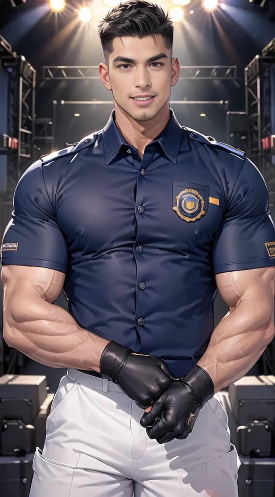 handsome man Lying down next to the stage ,(crew cut short hair:1.2),black eye,smile,open mouth (navy police uniform:1.2),(shirt short sleeves:1.2),collar,(shirt covered over:1.2),(name tag and Police badge:1.3),(shirt no buttons:1.1),(black_gloves:1.3), (Navy blue cargo:1.2),Korean guy,korean men,(High gloss details),(chest muscles:1.2),(large arm muscles:1.2),blood vessel,Big muscles,Broad shoulders,looking at the audience,Balancing the eyes,middle of the road,(stage:1.2),