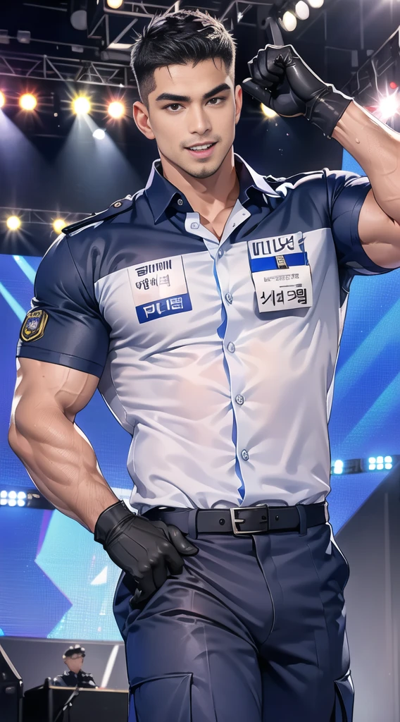 handsome man Lying down next to the stage ,(crew cut short hair:1.2),black eye,smile,open mouth (navy police uniform:1.2),(shirt short sleeves:1.2),collar,(shirt covered over:1.2),(name tag and Police badge:1.3),(shirt no buttons:1.1),(black_gloves:1.3), (Navy blue cargo:1.2),Korean guy,korean men,(High gloss details),(chest muscles:1.2),(large arm muscles:1.2),blood vessel,Big muscles,Broad shoulders,looking at the audience,Balancing the eyes,middle of the road,(stage:1.2),