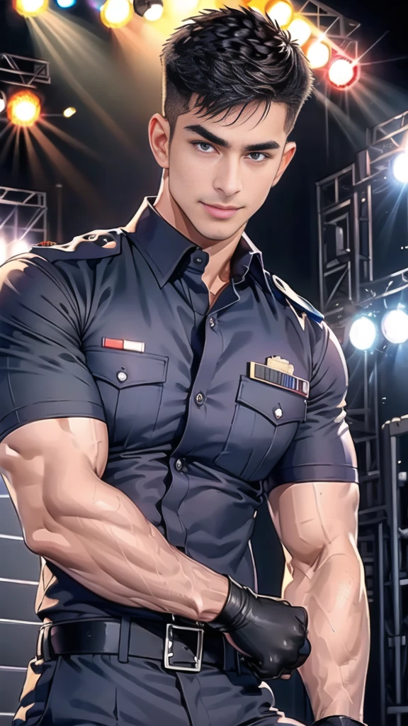 handsome man  Lying down next to the stage,(crew cut short hair:1.2),black eye,smile,open mouth
(navy police uniform:1.2),(shirt short sleeves:1.2),collar,(shirt covered over:1.2),(name tag and Police badge:1.2),(shirt no buttons:1.1),(black_gloves:1.3),
(Navy blue cargo:1.2),Korean guy,korean men,(High gloss details),(chest muscles:1.2),(large arm muscles:1.2),blood vessel,Big muscles,Broad shoulders,looking at the audience,Balancing the eyes,middle of the road,(stage:1.4),