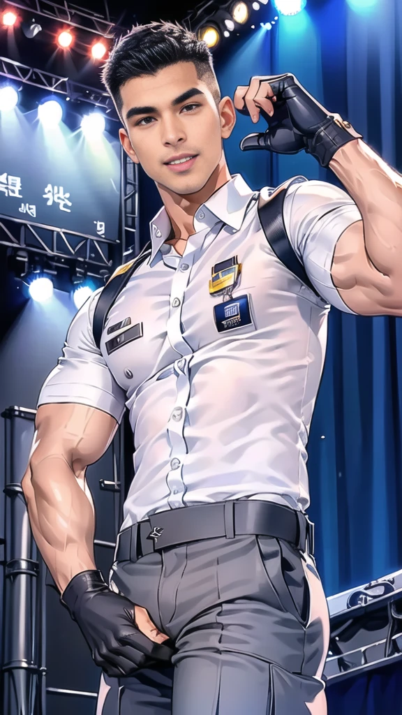 handsome man  Lying down next to the stage,(crew cut short hair:1.2),black eye,smile,open mouth
(navy police uniform:1.2),(shirt short sleeves:1.2),collar,(shirt covered over:1.2),(name tag and Police badge:1.2),(shirt no buttons:1.1),(black_gloves:1.3),
(Navy blue cargo:1.2),Korean guy,korean men,(High gloss details),(chest muscles:1.2),(large arm muscles:1.2),blood vessel,Big muscles,Broad shoulders,looking at the audience,Balancing the eyes,middle of the road,(stage:1.4),