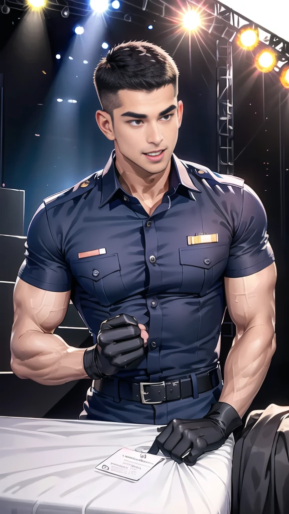 handsome man  Lying down next to the stage,(crew cut short hair:1.2),black eye,smile,open mouth
(navy police uniform:1.2),(shirt short sleeves:1.2),collar,(shirt covered over:1.2),(name tag and Police badge:1.2),(shirt no buttons:1.1),(black_gloves:1.3),
(Navy blue cargo:1.2),Korean guy,korean men,(High gloss details),(chest muscles:1.2),(large arm muscles:1.2),blood vessel,Big muscles,Broad shoulders,looking at the audience,Balancing the eyes,middle of the road,(stage:1.4),