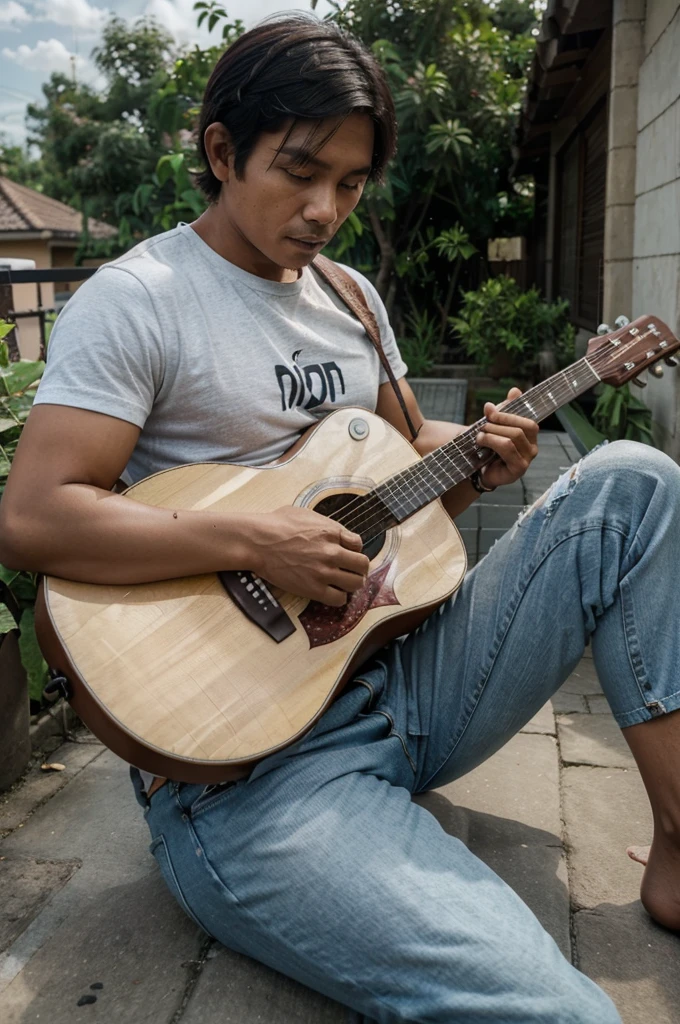Indonesian man, 35 years old, brown skin, clean face, T-shirt, ripped jeans at the knees, sitting with a guitar, on the terrace of the house, big round of twilight clouds, afternoon, full body, body object at a distance, realistic, HD photo