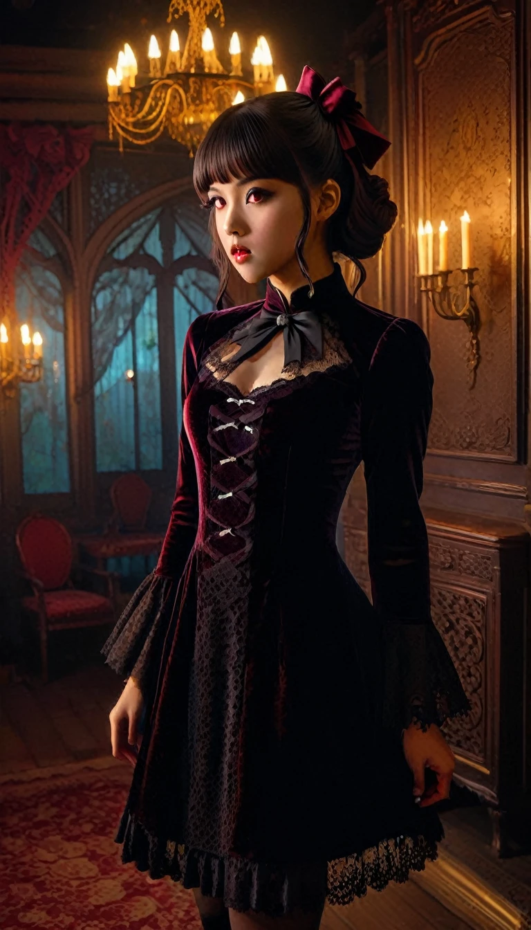 An highly detailed ultra realistic photo style of a girl in a Gothic Lolita cheongsam with lace and dark velvet fabric. She has dark, flowing hair with red ribbons, and her eyes are mysterious and haunting. The background is a dimly lit room with gothic furnishings and candlelight, creating a dark and elegant atmosphere