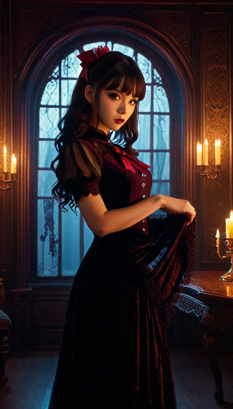 An highly detailed ultra realistic photo style of a girl in a Gothic Lolita cheongsam with lace and dark velvet fabric. She has dark, flowing hair with red ribbons, and her eyes are mysterious and haunting. The background is a dimly lit room with gothic furnishings and candlelight, creating a dark and elegant atmosphere