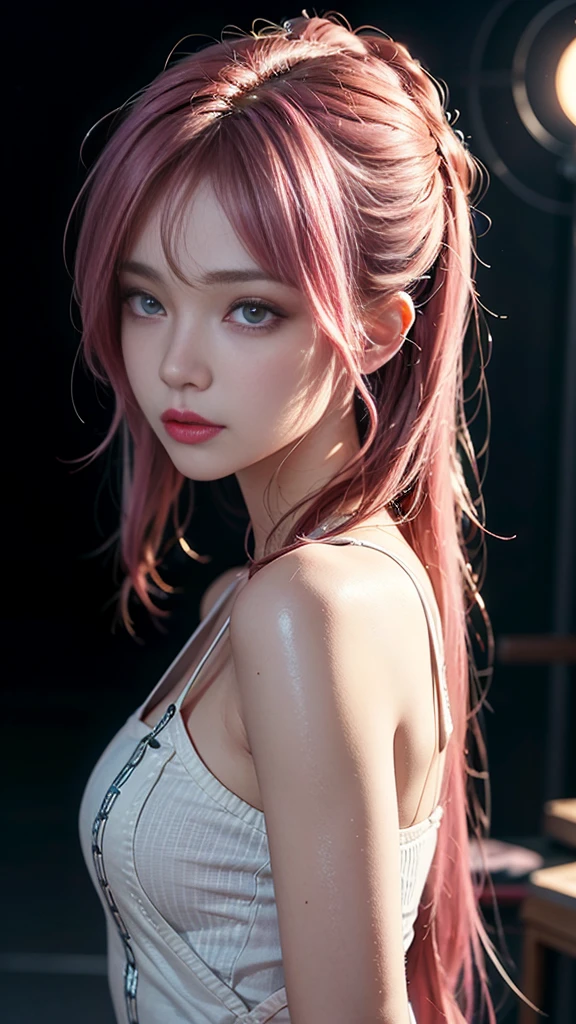 Pink Hair,Long Hair,Single Side Lock Hairpin Brush Modern Cinema Lighting,Ray Tracing,Drop Shadow Wide Shot UHD,Textured skin,Attention to detail,Top quality 4k
