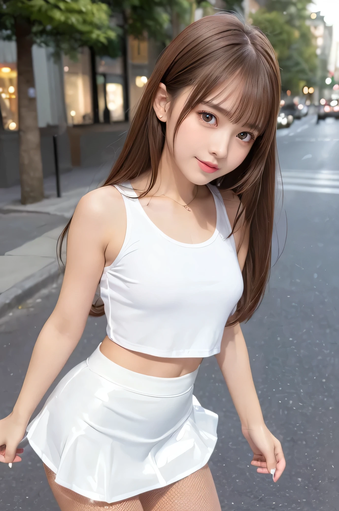 (Very beautiful  young girl:1.2), (loli face:1.4), (large eyes:1.2), (clear-eyed), small straight nose, small mouth, (v-line jaw:1.1), Beautiful detailed eyes, Detailed double eyelids, Long straight brown hair, see-through bangs, beautiful detailed face, drooping eyes, (Fair skin: 1.3),(16 yo:1.2),(smiling),BREAK  (Super Shiny neon white Tight mini Skirt :1.3),
(Super shiny neon white Brilliant and stylish summer tops:1.3) , (super large fishnet pantyhose:1.1) , Walking,
Costume lighting,(costume with strong reflective surfaces:1.3),
In the street ,
(Brown hair:1.3)