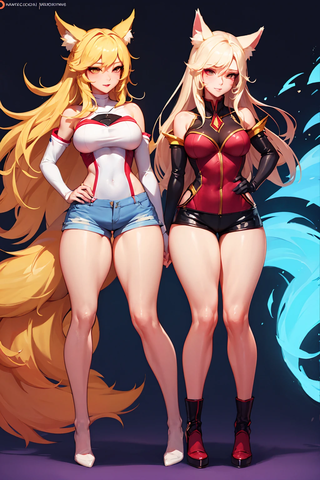 Masterpiece, high quality, kda ahri, ahri, fox hears, blonde, tight shorts, medium breasts, sexy, thick thighs, wide hips, blonde hair, posing, bedroom