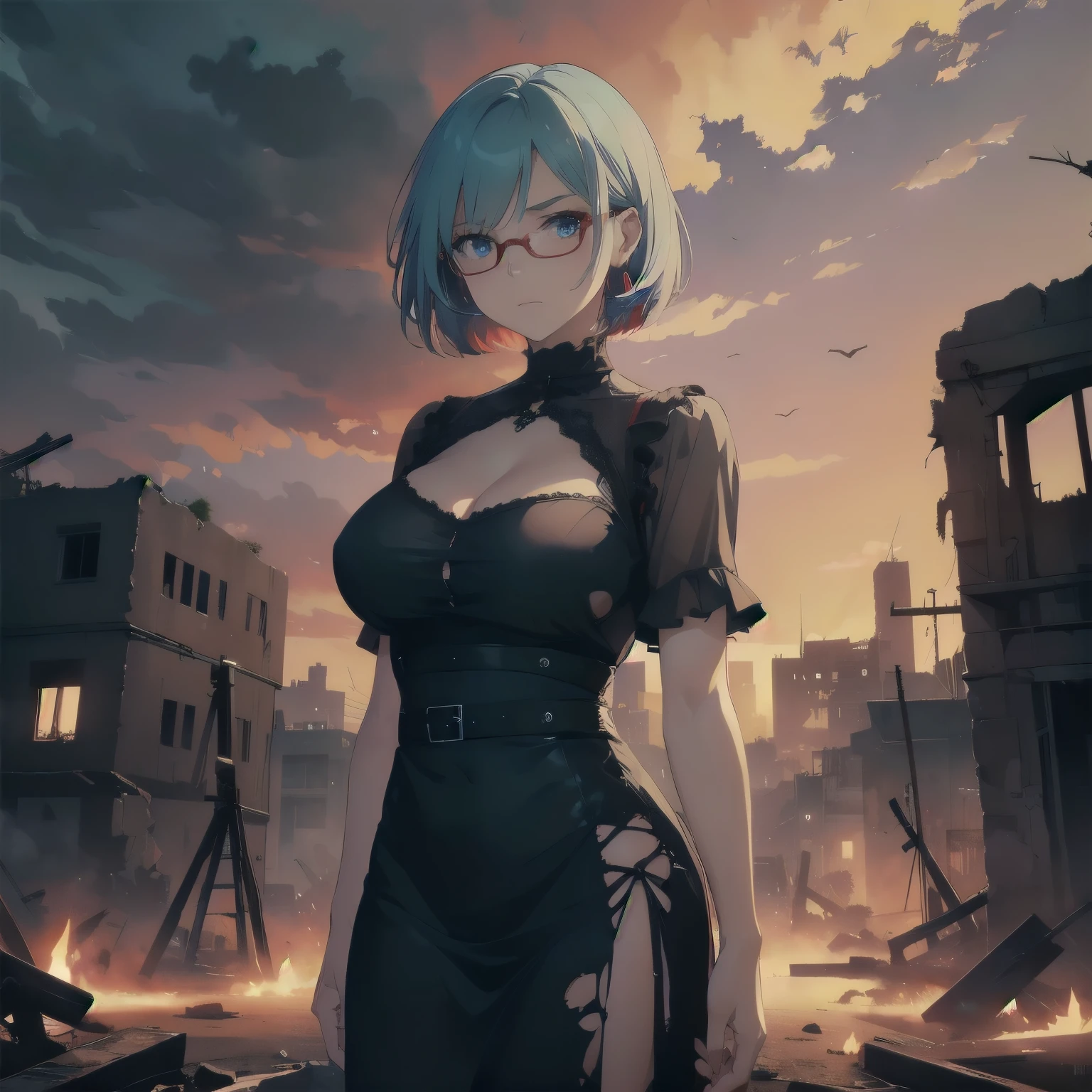 (masterpiece), 1girl, best quality, emotionless eyes, perfect face, (huge breasts), short hair, blue eyes BREAK light blue hair BREAK side cut, red glasses BREAK ((mature woman, mature female)), (GILF), , , standing, glaring, angry face, looking at viewer, glowing eyes, (torn dress), black dress, (destroyed city, dark clouds), night sky, ((red sky)), apocalypsis city, ((ruins)), closed mouth, outdoors 