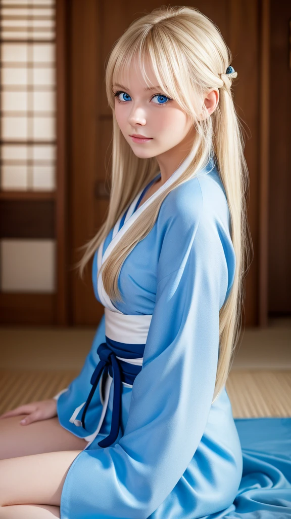 Highest quality, , Soft Light, Ultra-high resolution, (Realistic:1.4), RAW Photos, 1 Russian blonde girl, alone, cute, (A shy smile:0.5), (Blue Eyes, Light in your eyes), Beautiful face in every detail, (From head to toe),(Long Hair), Mini Kimono