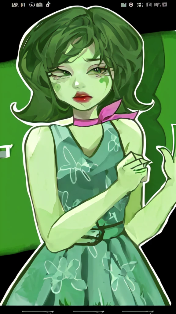 cartoon girl with a green dress and a pink bow holding a cell phone, disgust, green colored skin!!, trending on deviantart, tatsumaki, loish |, she hulk, vinesauce, homestuck, character art closeup, she - hulk, lucio as a woman, steven universe style, green skin!, monstergirl, banner, weed cutie mark