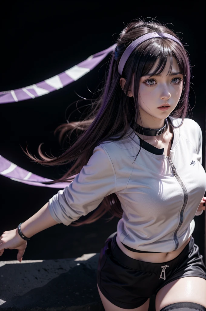 naruto anime, hinata, high resolution, black backdrop, serious hinata, purple image details,