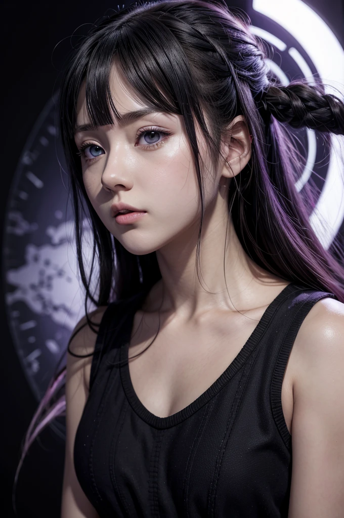 naruto anime, hinata, high resolution, black backdrop, serious hinata, purple image details, 