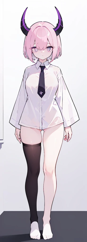 (((Short Pink hair))),Short hair,kawai,(((Eyes visible from bangs,hair over eyes:1.3))),,Huge breasts,(purple color eyes),,(purple slanted eyes),1girl in,bangs,Very short hair, pantyhose,Cowboy Shot,white background,Straight hair hair,(On both sides of the head has sharp black devil horns) ((head bowed pose)) Ter's hair flows straight down, has two sharp black horns (slant purple eyes) (((wearing a perfect white shirt))) white shirt sleeves should be folded to the elbows((Not wearing any pants, half naked, sensitive parts covered with a long, loose white shirt down to the middle of the thigh, perfect white shirt, no accessories like a tie (sexy body) Bare thighs without wearing any socks, The character's body is visible from head to ankle, ((Tall slim perfect body)) (Don't wear any trousers, just wear a white shirt and tie) full body full body full body full body (Full body image) legs wearing a short white loose t-shirt, Perfect long toe legs kawai
