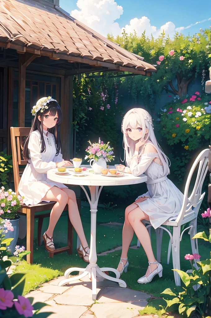 Colored shiny eyes、1 Girl、white dress jacket、In the garden full of flowerouth closed、Embarrassing、sit at the table for afternoon tea,exterior,Warm Light,Clear sky,masterpiece,Highest quality,Perfect image quality,Beautiful and kind,High resolution,Enhanced Details