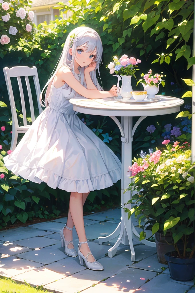Colored shiny eyes、1 Girl、white dress jacket、In the garden full of flowerouth closed、Embarrassing、sit at the table for afternoon tea，exterior，Warm Light，Clear sky，masterpiece，Highest quality，Perfect image quality，Beautiful and kind，High resolution，Enhanced Details