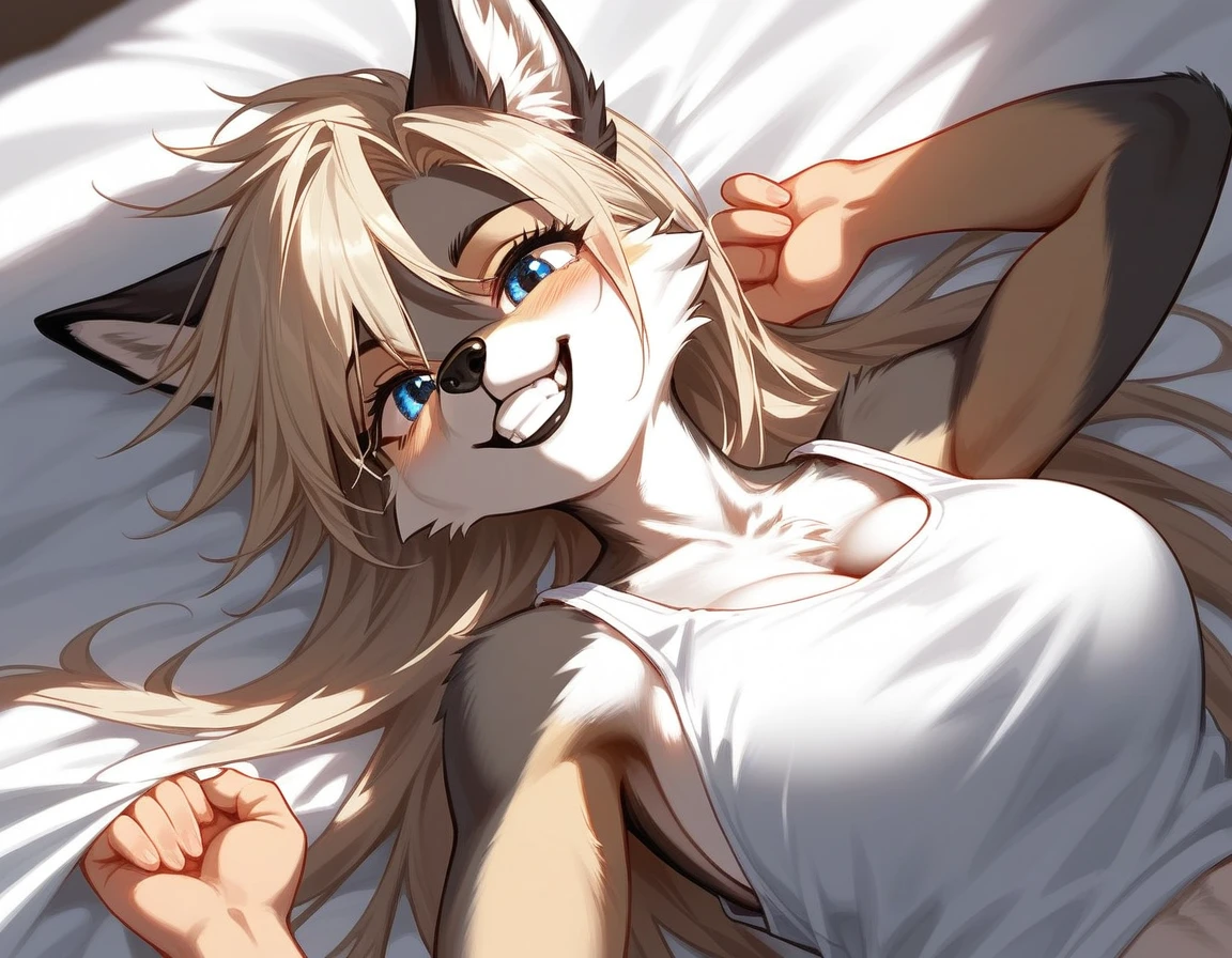 score_9,score_8_up,score_7_up, source_furry, a tall female wolf anthro, furry, gray snout, black nose, blue eyes, athletic body, short spiked undercut platinum blonde hair, black lips, wolf tail, wolf ears, lying on a bed, happy, portrait, clenched canine teeth, front view, lying on back, (face focus), long hair, gray fur, grabbing sheets, happy, clenched teeth, smile, white tank top, big breasts,