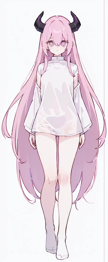 (((Long Pink hair))),Pink hair,kawai,(((Eyes visible from bangs,hair over eyes:1.3))),,Huge breasts,(purple color eyes),,(purple slanted eyes),1girl in,bangs,long White hair, pantyhose,Cowboy Shot,white background,Straight hair hair,(On both sides of the head has sharp black devil horns) ((head bowed pose)) Ter's hair flows straight down, has two sharp black horns (slant purple eyes) (((wearing a perfect white shirt))) white shirt sleeves should be folded to the elbows((Not wearing any pants, half naked, sensitive parts covered with a long, loose white shirt down to the middle of the thigh, perfect white shirt,((Long slim bare legs (sexy body) Bare thighs without wearing any socks, The character's body is visible from head to ankle, ((Tall slim perfect body)) (Don't wear any trousers, just wear a white shirt) full body full body full body full body (Full body image) legs wearing a short white loose t-shirt, Perfect long toe legs kawai, Small black horn 