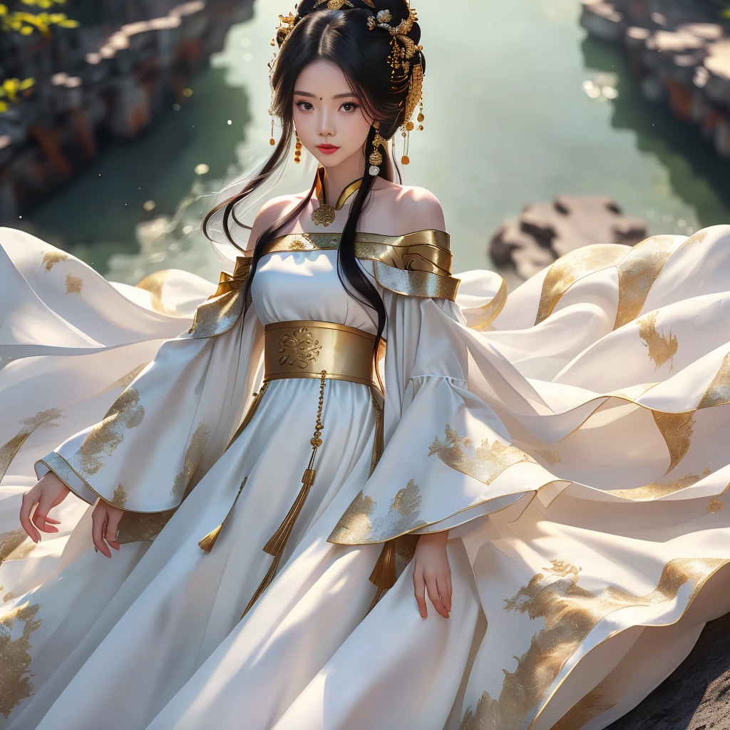 Girl in traditional Chinese clothing, Hanfu, Guzhen Hanfu women, green Hanfu,(long straight black hair:1.5), black eyes, black bun hairstyle, hair accessories ,white diamond earrings, Bangle Diameter, Dia Necklace, Clear eyes, Facing forward,put on makeup, Long eyelashes ,(gold long shoulder coat:1.5), (Very long skirt, white:1.5), ((Whole body)), ((from below)), Clear face, , (Very beautiful face, Beautiful mouth, beautiful eyes), detailed face, ((Ultra-fine skin)), In the dark, deep shadows, an ancient Chinese girl (Very slim figure 1.3) ,Plump breasts, elegant posture ,(palace in the sky:1.5),