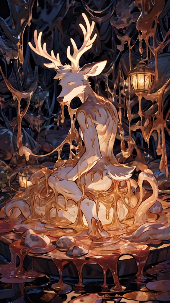 Eyeless white deer with goopy liquid all over their body and face, as well as some squid tentacles sprouting from their back.