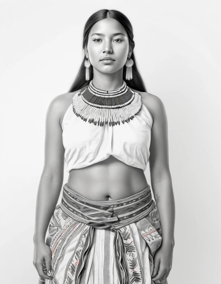 Graphite pencil drawing of the same 20yo Apache woman, front and back view, curvy body, full body, standing, wearing traditional clothes, white background