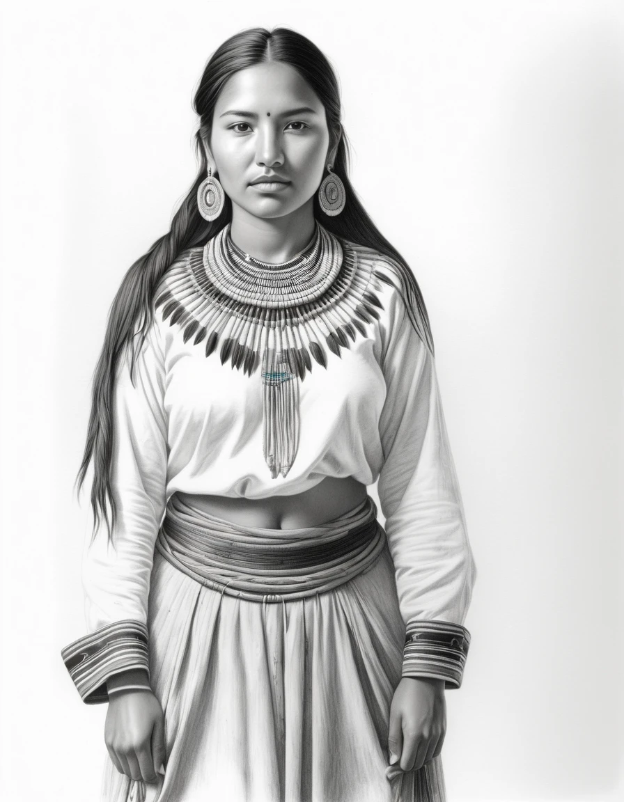 Graphite pencil drawing of the same 20yo Apache woman, front and back view, curvy body, full body, standing, wearing traditional clothes, white background