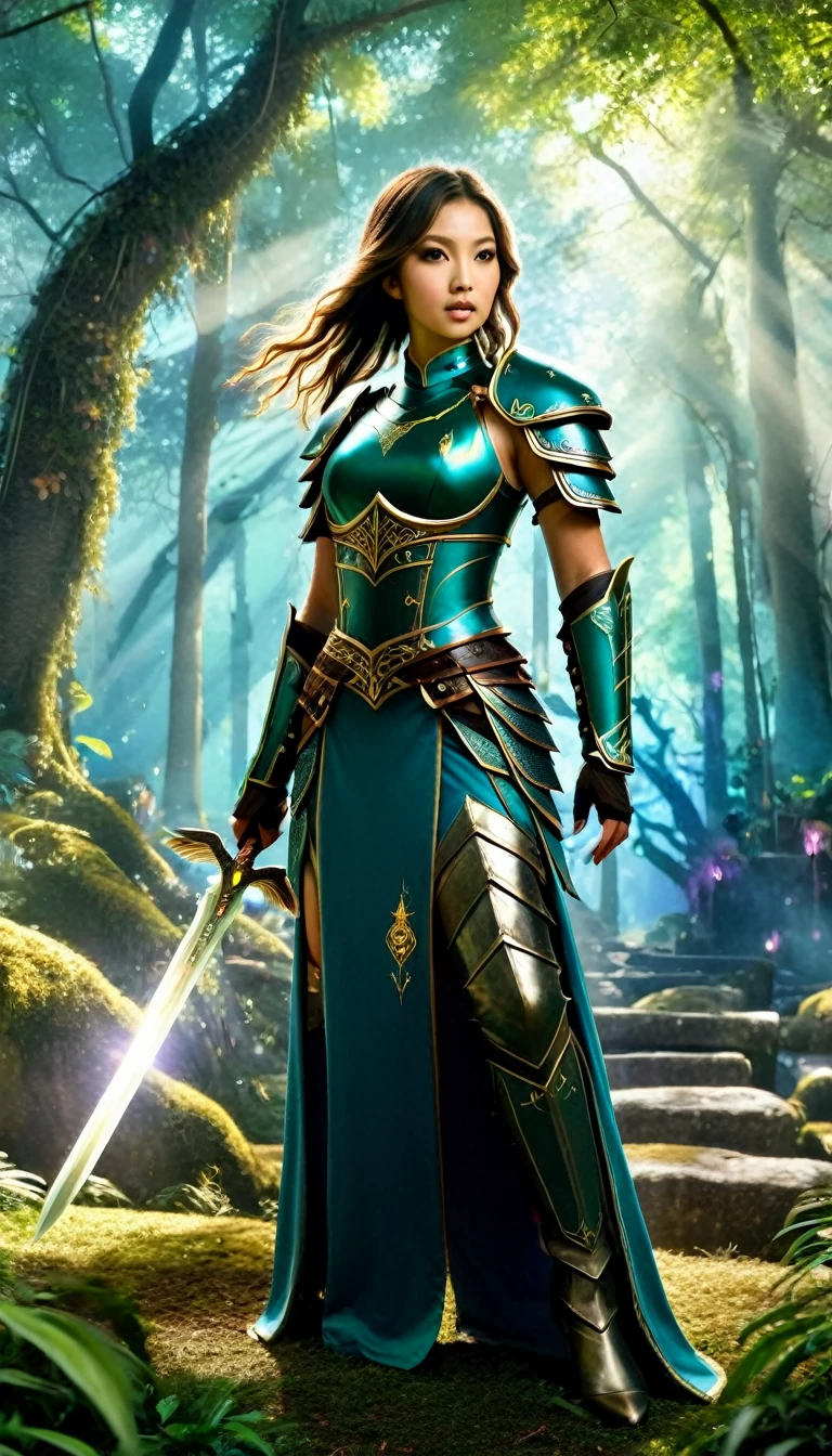 An highly detailed ultra realistic photo style of a girl in a fantasy-themed cheongsam armor. The dress has metallic accents and a high slit, revealing her combat boots. She holds a glowing sword, and her hair flows wildly. The background is a mystical forest with magical creatures and glowing flora