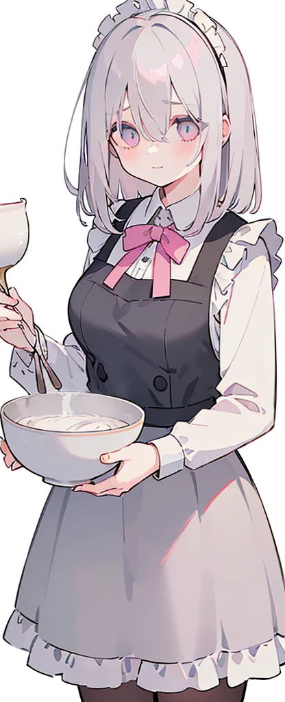 (((Long gray Beautiful Hair))),gray hair,kawai,(((Eyes visible from bangs,hair over eyes:1.3))),,Huge breasts,(pink color eyes),,(pink slanted eyes),1girl in,bangs,long gray hair, pantyhose,Cowboy Shot,white background,short hair,smiled,(wearing pink maid clothes), (maid dress type must have a perfect black vest), Bangs should be long to the tip of the chin(((, focusing on the bowl containing the dough and holding a spoon to stir it))), Kitchen room background, Perfect arm fingers,,, 1 girl, ((The image must match the tag)) Bangs almost cover the eyes full body (The character's entire body from top to bottom is completely visible)
