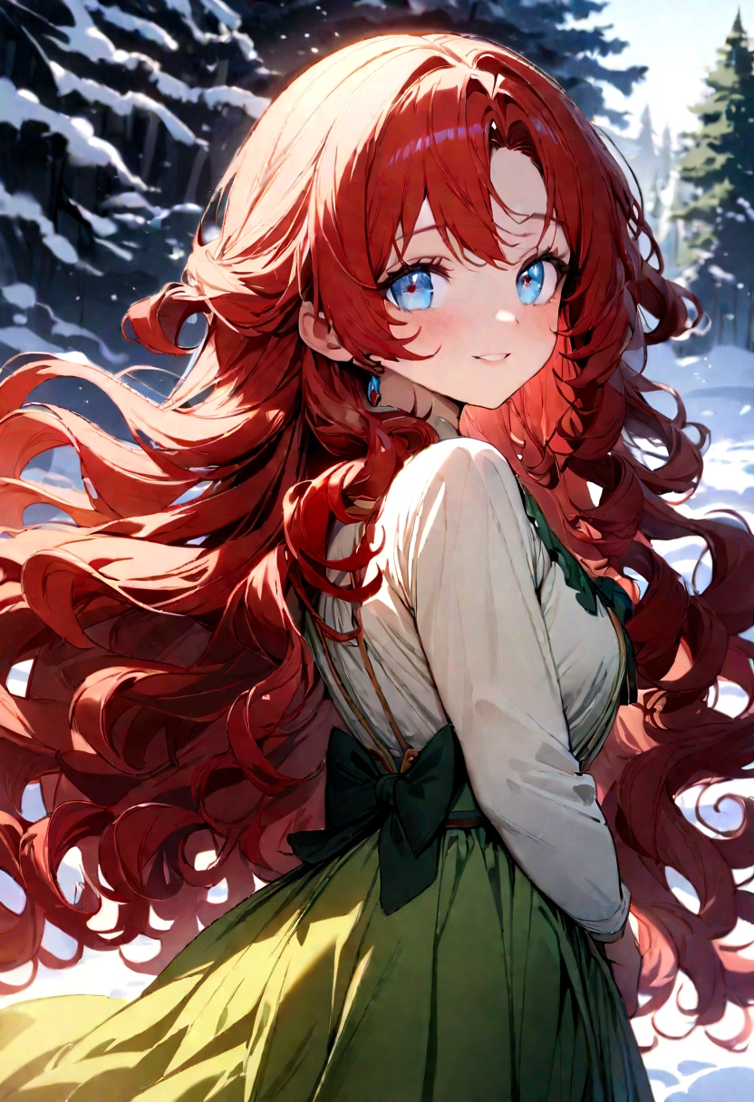 masterpiece, Best quality, ultra detailed, developing red curly hair, 1 girl, A green dress, bow behind my back, looking into the distance, nature background, beautiful detailed eyes, Beautiful face,high saturation, focusing on the face, flowing long hair, brave heart, Bright blue eyes, better lighting, best shadow, happy face, snow-white smile