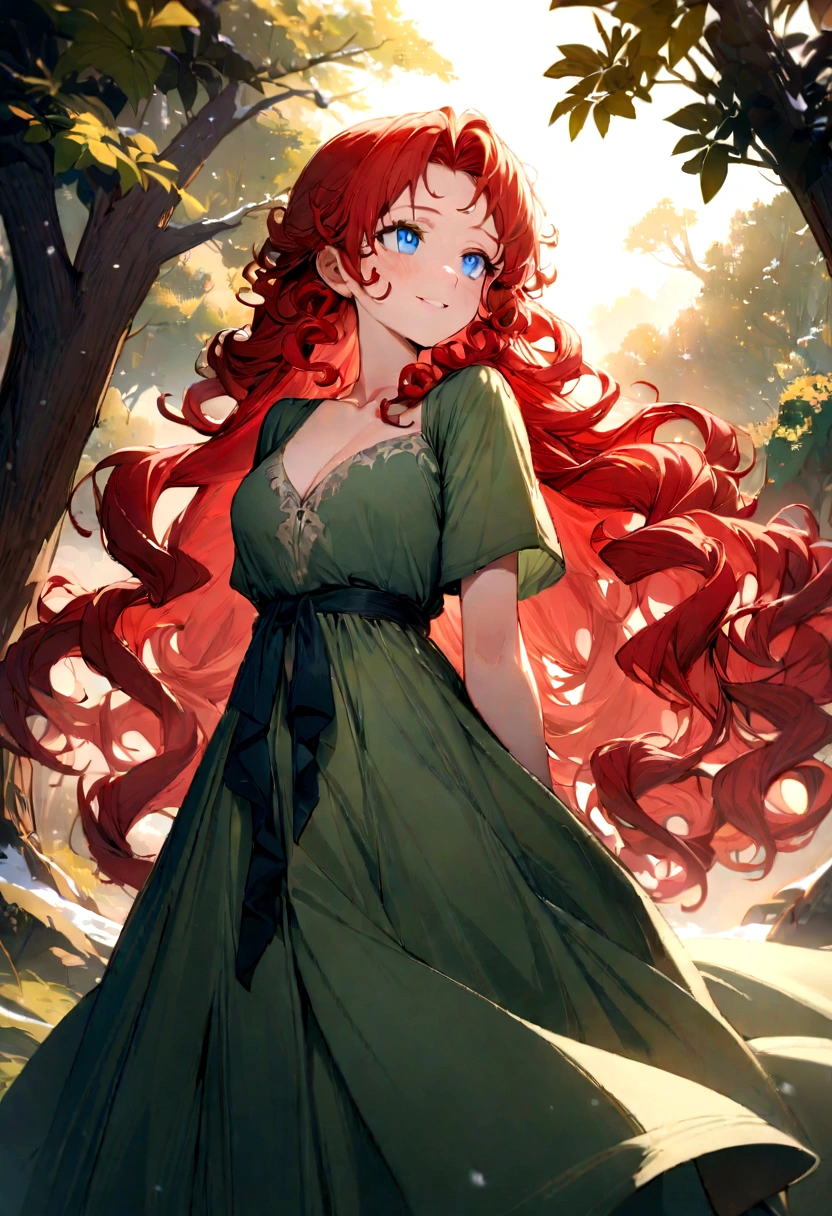 masterpiece, Best quality, ultra detailed, developing red curly hair, 1 girl, A green dress, bow behind my back, looking into the distance, nature background, beautiful detailed eyes, Beautiful face,high saturation, focusing on the face, flowing long hair, brave heart, Bright blue eyes, better lighting, best shadow, happy face, snow-white smile