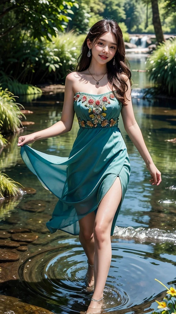 8K, ultra hd, masterpiece, very realistic, 1 girl, good face, very long hair, detailed eyes, detailed lips, super round medium breasts, Short Strapless Tulle Beads Prom Dress Green Mini Elegant 3D Flowers, ((pink,red,blue,black,green,meroon,purple,yellow colour random dress)), ((High resolution Dress Quality)), diamonds, jewellery, necklace, earring, lake, landscape, knees in water, Bridge, Forest , standing in lake water, Pine trees , Perfect body figure, Beautiful Smile, Cinematic photography, Sexy angles, Stylish poses, 4 Different poses, 64k , high resolution picture quality, very clear body figure, Flowers in hand, Flowers on Hair, walking in water, waterfalls
