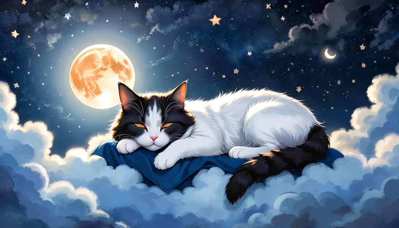 Highly detailed and realistic digital painting of a minuet cat with eyes closed, sleeping peacefully on a fluffy cloud. The night sky is filled with twinkling stars and a large shining full moon. The background is dark in various shades of blue and black and features scattered stars and small clouds. The cat's fur is vividly rendered in shades of orange and white, gently reflecting the moonlight. The overall mood should be calm and dreamy, capturing the essence of a peaceful night.