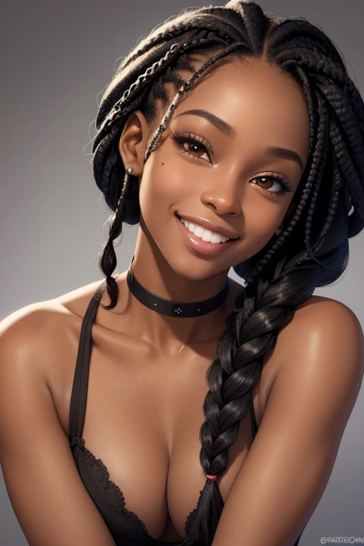 (masterpiece, best quality), deep ebony 1girl, pretty face, Kimberly_Jackson, braids freely, smiling, , head tilted to the left