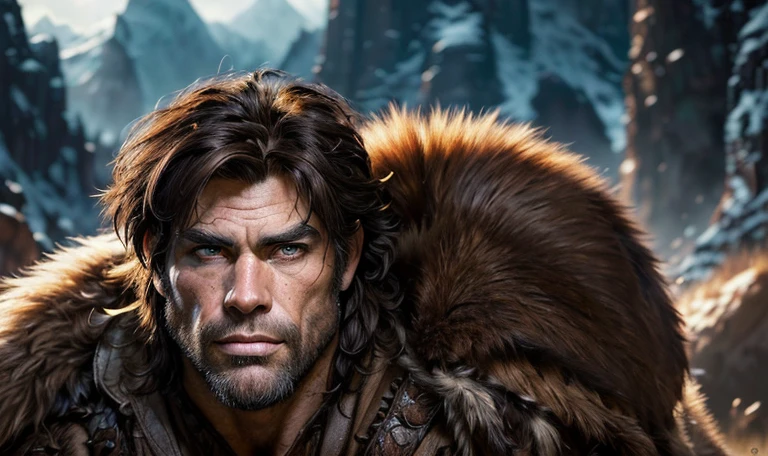 epic fantasy art, super fine illustration, High resolution, Super detailed, masterpiece, 1 male, Neanderthal, hunter, alone, adult, mature, manly, tall and muscular man, broad shoulders, (((good looking:1.5))), messy hair, black hair, ((beautiful detailed brown eyes:1.5)), square jaw, thick neck, thick eyebrows, broad nose, prehistoric background, fur wrap