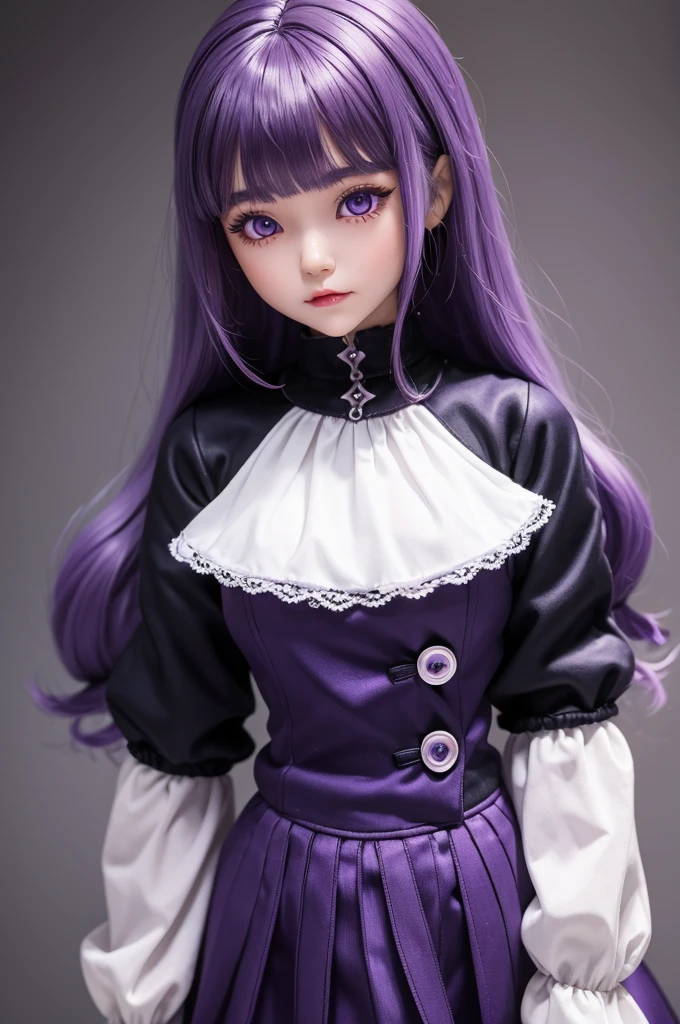 A fun doll, she has dark purple skin and light purple hair, she has dark blue clothes, her eyes shine 