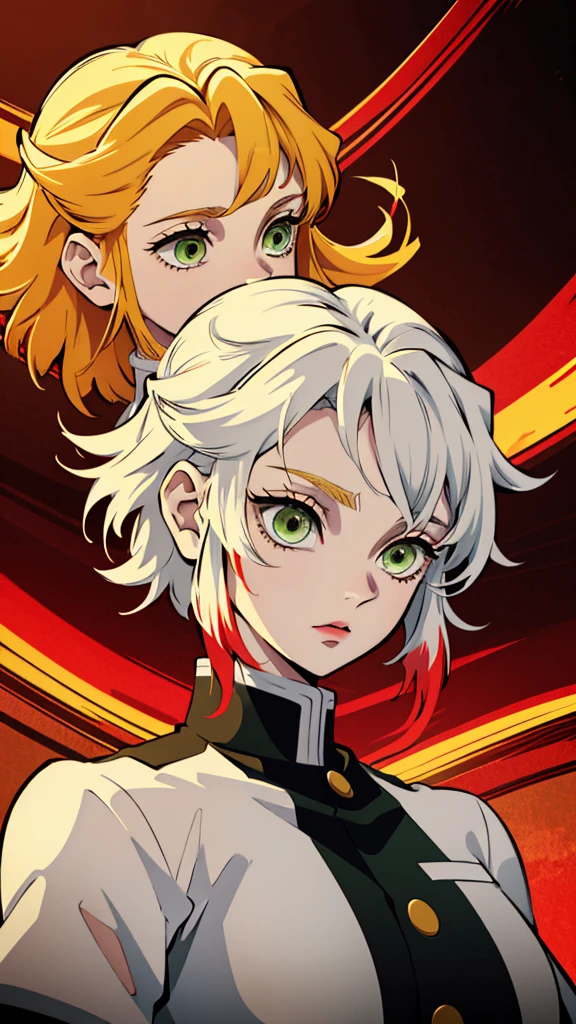 White young woman, Yellow hair with red details in her hair, Medium hair, Green eyes, neutral face, Linda, Sword, demon slayer uniform, red highlights in hair