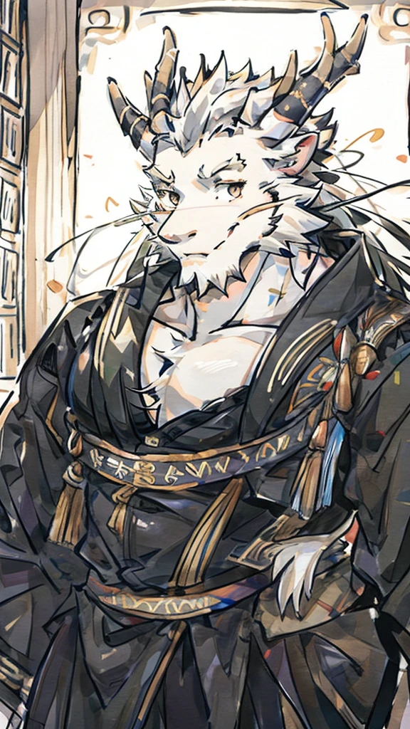 (white eastern dragon),furry,white mustache,big pecs,hearty males,muscular,black imperial robe,naked,adult,traditional_chinese_room，head portrait