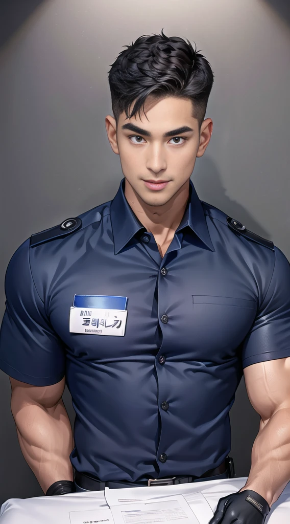 handsome man Lying down next to the stage ,(crew cut short hair:1.2),black eye,smile,open mouth (navy police uniform:1.2),(shirt short sleeves:1.2),collar,(shirt covered over:1.2),(name tag and Police badge:1.3),(shirt no buttons:1.1),(black_gloves:1.3), (Navy blue cargo:1.2),Korean guy,korean men,(High gloss details),(chest muscles:1.2),(large arm muscles:1.2),blood vessel,Big muscles,Broad shoulders,looking at the audience,Balancing the eyes,middle of the road,(stage:1.2),