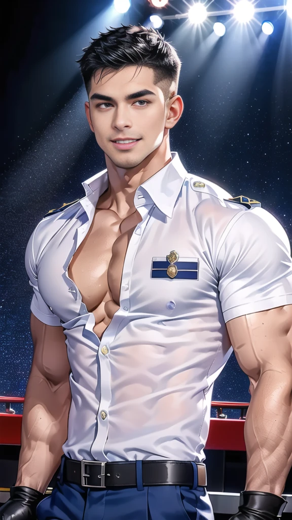 handsome man Lying down next to the stage on the table ,(crew cut short hair:1.2),black eye,smile,open mouth (navy police uniform and t-shirt:1.2),(open shirt short sleeves:1.2),collar,(shirt covered over:1.2),(name tag and Police badge:1.2),(shirt no buttons:1.1),(black_gloves:1.3), (Navy blue cargo:1.2),Korean guy,korean men,(High gloss details),(chest muscles:1.2),(large arm muscles:1.2),blood vessel,Big muscles,Broad shoulders,looking at the audience,Balancing the eyes,middle of the road,(stage:1.4)