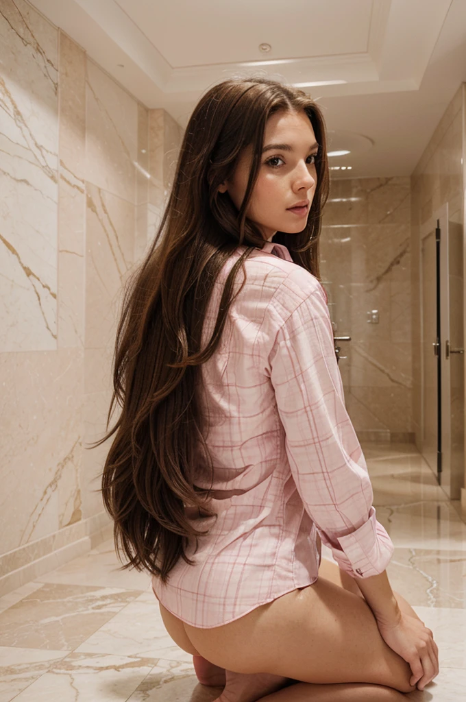 A woman with long brown hair, wearing a pink and white checked blouse, in a room with a marble floor.