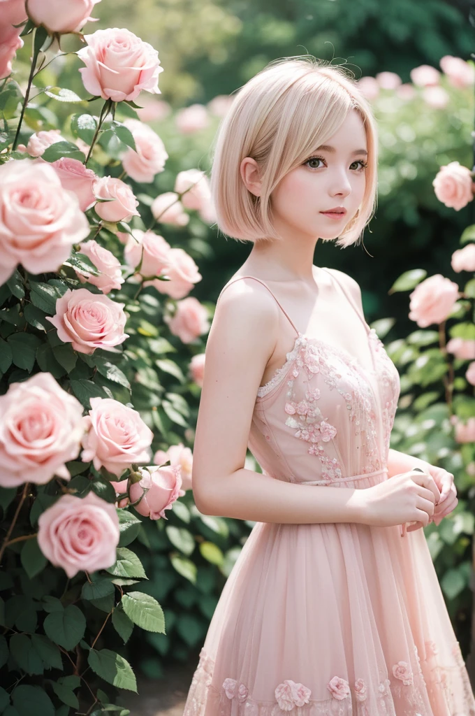 8K, RAW Photos, Fujifilm, Avril-like style photo of a beautiful young woman in a garden of pale pink roses (Highly detailed skin: 1.2) Style Petal Break Short Hair, Blonde and colored hair, Wearing a dress, Film Granulation, 35mm, Cute Style