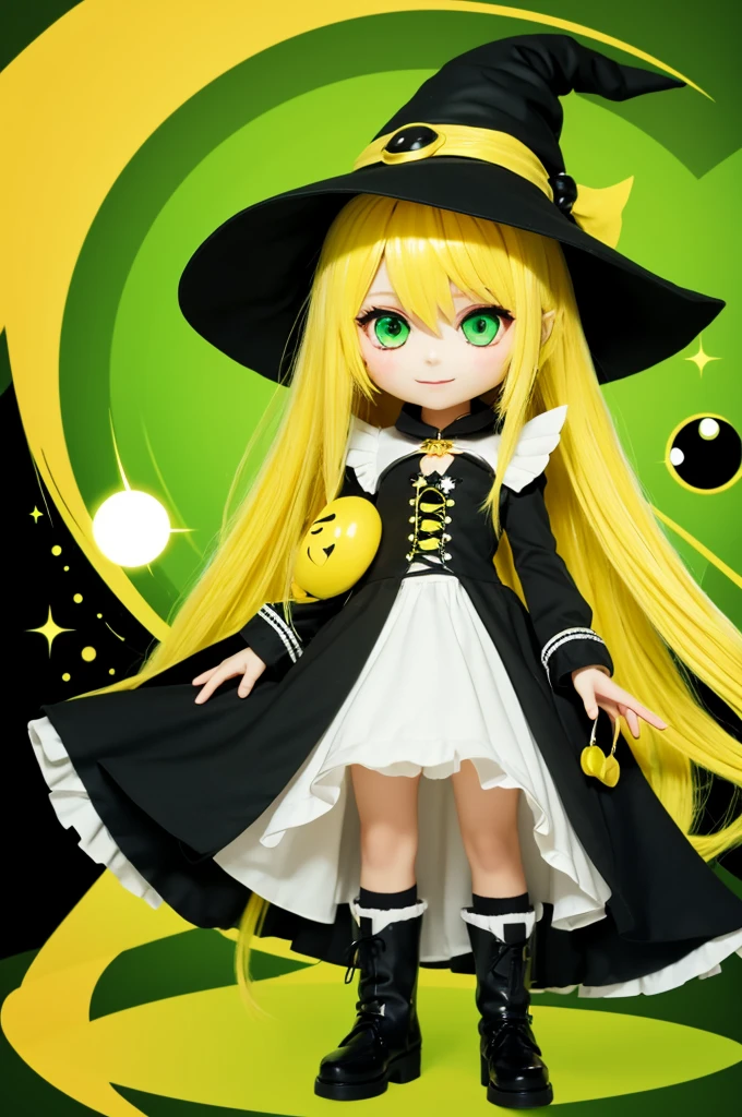 1girl,Black and White Witch,Witch hat,blonde hair,long hair,yellow eye,small chibi character,full body,green background,standing,cheerful girl,marisa