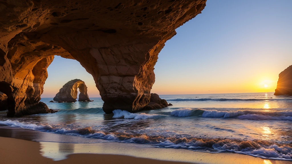 Highly detailed landscape, Keyhole Arch sunset, a natural arch cut into the rocks by the nearby pounding waves, is situated not far from a purple sand beach. Keyhole Rock at one of California's most beautiful beaches, Pfeiffer Beach