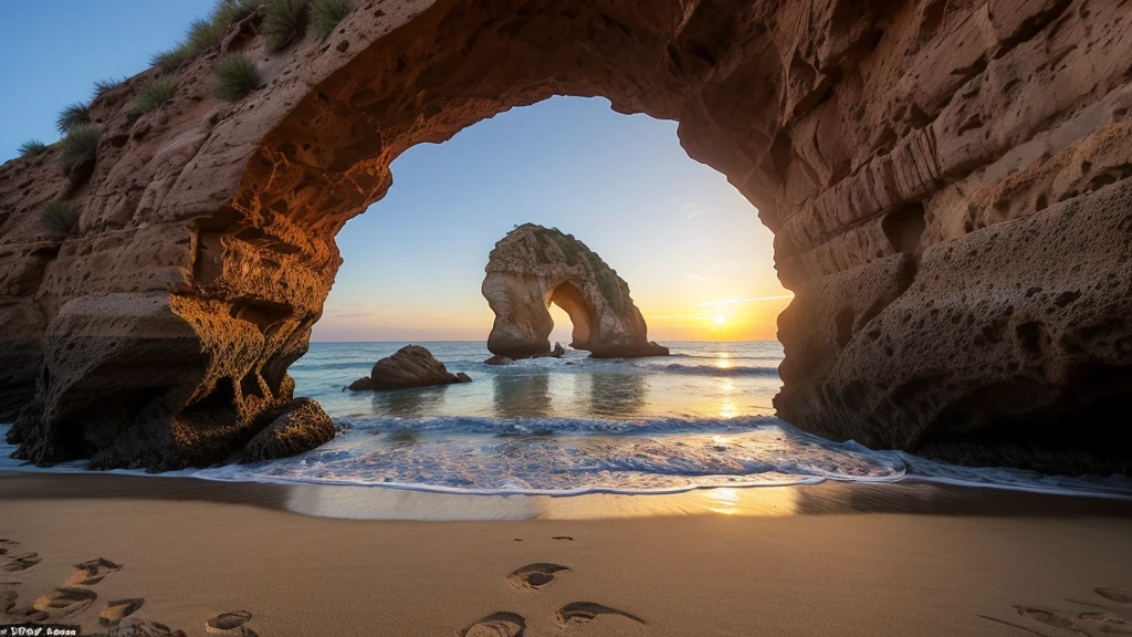 Highly detailed landscape, Keyhole Arch sunset, a natural arch cut into the rocks by the nearby pounding waves, is situated not far from a purple sand beach. Keyhole Rock at one of California's most beautiful beaches, Pfeiffer Beach