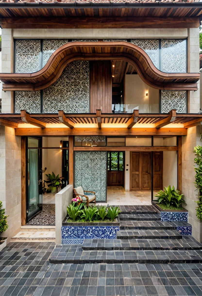 Raw photo,Masterpiece, high quality, best quality, authentic, super detail,
exterior, outside, facade, indochine style,Tile roof, large glass walls, wooden columns, lighted steps, flower beds, wooden,
,(day:1.1),realistic lighting