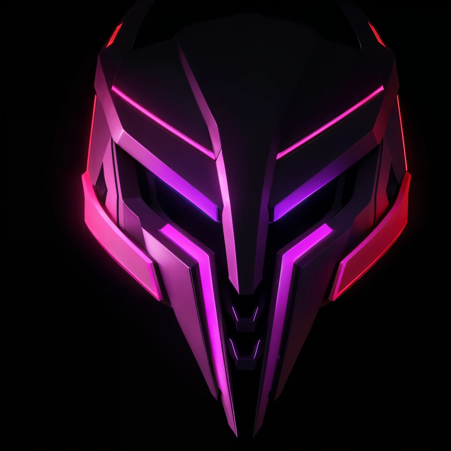 a close-up of a purple and purple logo on a black background, Stylized red cyber sci-fi helmet logo, fine-details, details in red and purple symbolizing the stylized letter M outlining the area of the nose, mouth and eyes, as if it were a futuristic spartan helmet, sci-fi movie style, outdoor photo, fot, naturallight, fotorrealism, cinematic rendering, Ray tracing, the highest quality, the highest detail, cinematographic, 3d, Third person view, frontal image, punk neon, Symmetrical logo