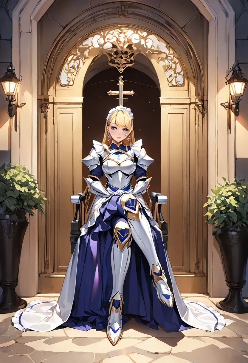 masterpiece、Highest quality、Ultra-high resolution、Maximum resolution、Very detailed、Professional Lighting、anime、Adult female、thin、so beautiful、Beautiful Face、Maid uniform long skirt、((Blue and white armor))、Shiny Armor、Holding a bow、Gold earrings、blonde、Purple eyes、Pink Lips、In front of the entrance、Full Body、Sit cross-legged on a chair