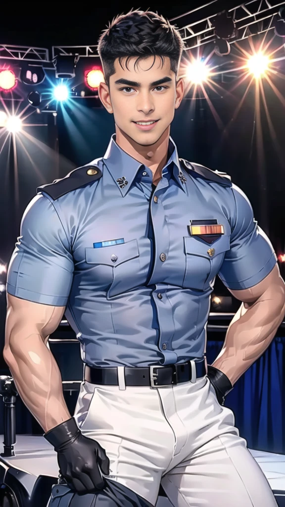 handsome man Lying down next to the stage,(crew cut short hair:1.2),black eye,smile,open mouth
(navy police uniform:1.2),(shirt short sleeves:1.2),collar,(shirt covered over:1.2),(name tag and Police badge:1.2),(shirt no buttons:1.1),(black_gloves:1.3),
(Navy blue cargo:1.2),Korean guy,korean men,(High gloss details),(chest muscles:1.2),(large arm muscles:1.2),blood vessel,Big muscles,Broad shoulders,looking at the audience,Balancing the eyes,middle of the road,(stage:1.4),
