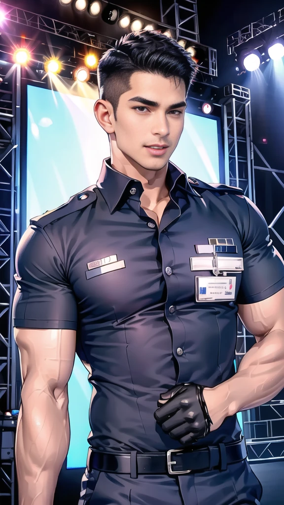 handsome man Lying down next to the stage,(crew cut short hair:1.2),black eye,smile,open mouth
(navy police uniform:1.2),(shirt short sleeves:1.2),collar,(shirt covered over:1.2),(name tag and Police badge:1.2),(shirt no buttons:1.1),(black_gloves:1.3),
(Navy blue cargo:1.2),Korean guy,korean men,(High gloss details),(chest muscles:1.2),(large arm muscles:1.2),blood vessel,Big muscles,Broad shoulders,looking at the audience,Balancing the eyes,middle of the road,(stage:1.4),