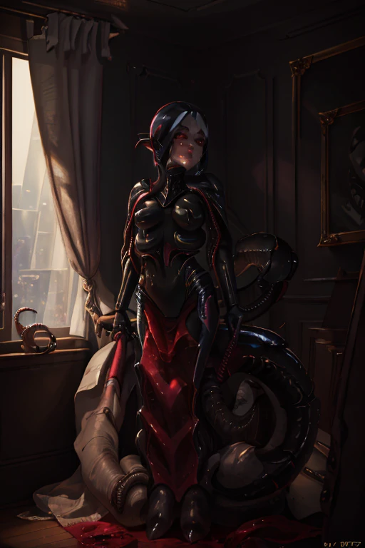 (Xenomorph from Alien:1.4), chitin-like, dark black, shining skin, hose-like tentacle as tail, hose-like tongue, human-like big breasts, in space ship, green shine, eggs in background, (best quality, 4k, 8k, highres, masterpiece:1.2), ultra-detailed, (realistic, photorealistic, photo-realistic:1.3), HDR, UHD, studio lighting, ultra-fine painting, sharp focus, physically-based rendering, extreme detail description, professional, vivid colors, bokeh, portraits, landscape, horror, anime, sci-fi, photography, concept artists, detailed eyes, detailed lips, long eyelashes.
